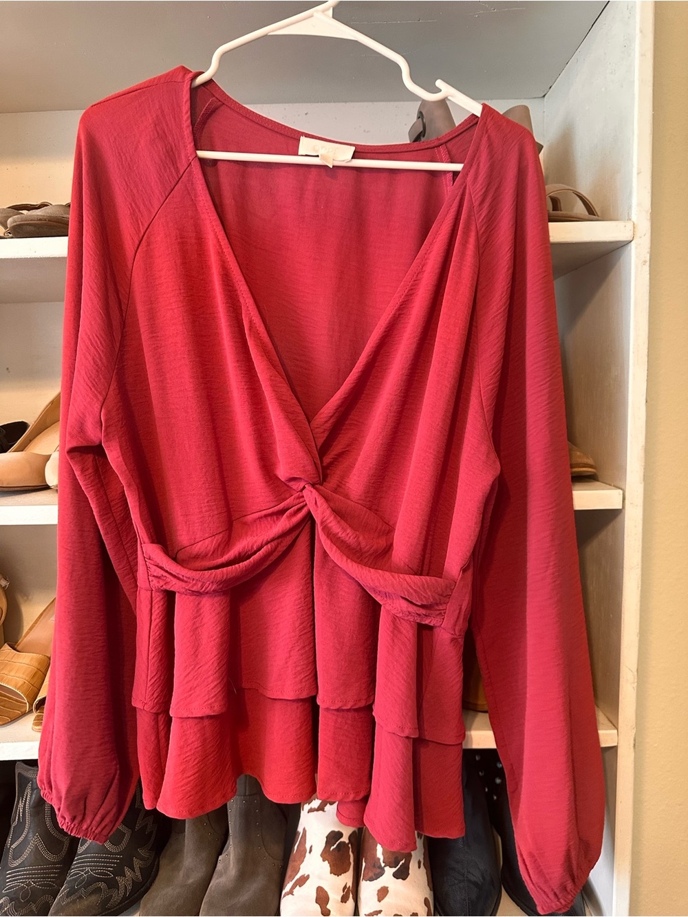 ODDY Knot-Front Peplum Long Sleeve Top - Raspberry